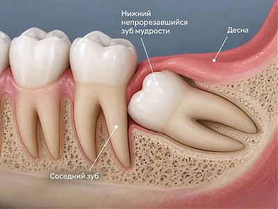 Расположение зубов мудрости в конце верхнего и нижнего зубного ряда
